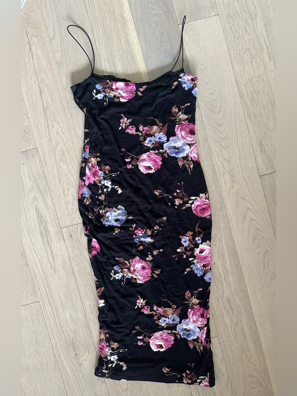 JLUXLABEL Black Floral Midi Slip Dress with Pink & Lavender Flowers